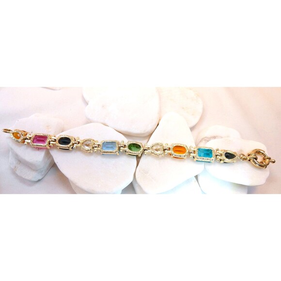 Chunky Gold Plated 925 SS Multi Color Gemstone Tennis Bracelet 7.25" - Picture 8 of 8